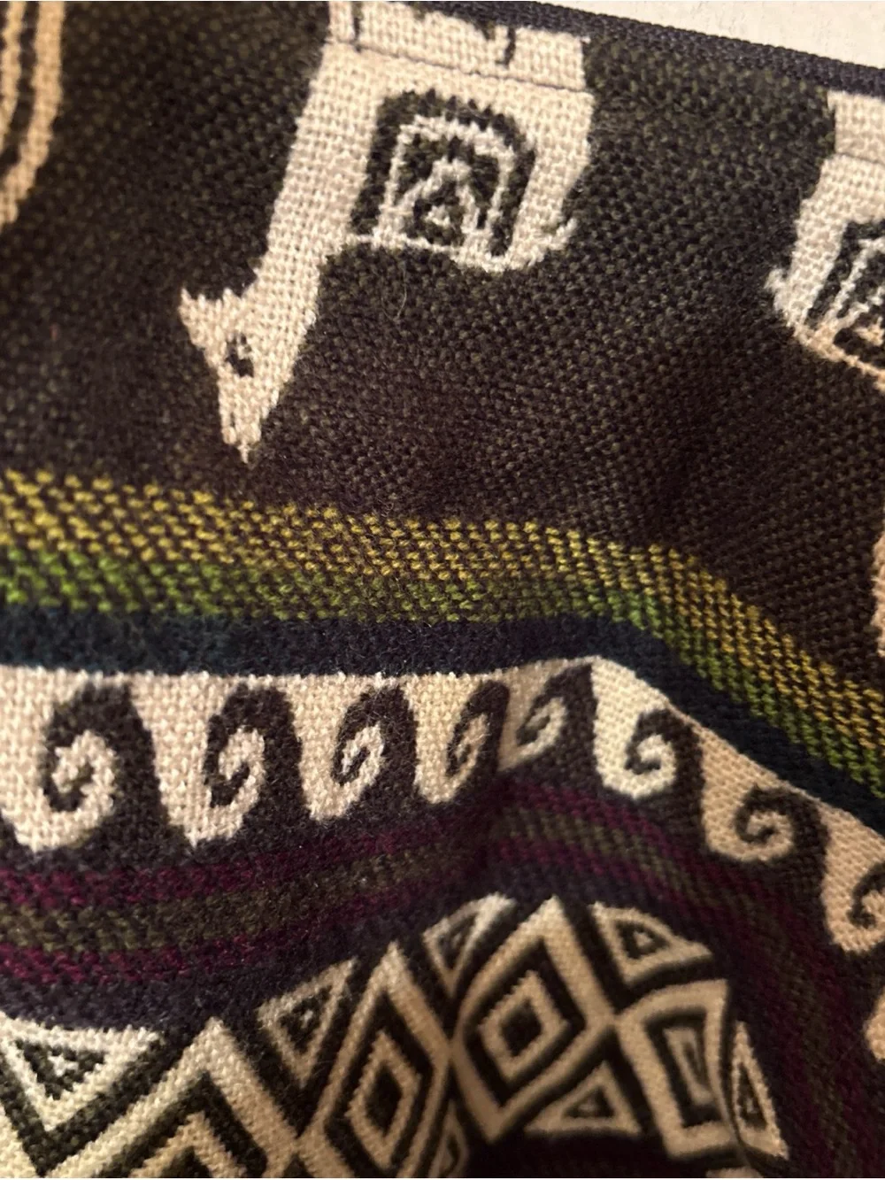 Indigenous Tribal Print Duffel Bag - Black, Cream & Burgundy with animal/lamas.